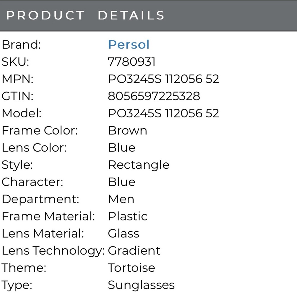 **SOLD** Persol Men’s Brown Tortoise-Opal Blue / Light Blue Rectangle Sunglasses - Picture 5 of 8